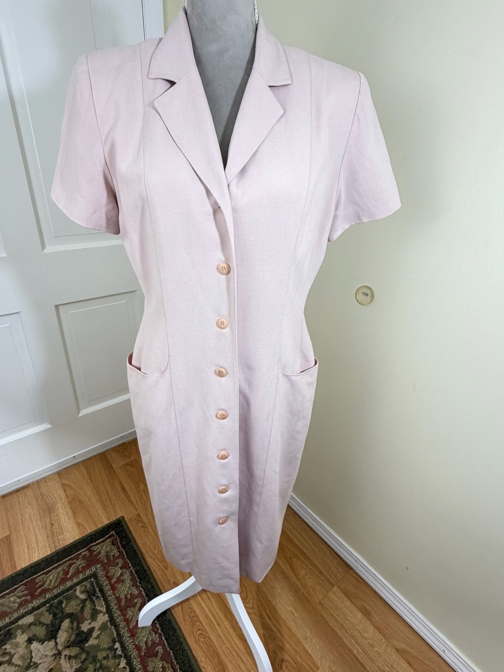 Vintage Valerie Dresses Silk Linen Dress 12 Button Front Midi Pink Luxury